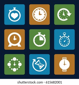 Timer icons set. set of 9 timer filled icons such as clock, stopwatch, time, wall clock, wrist watch