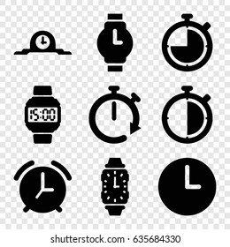 Timer icons set. set of 9 timer filled icons such as wall clock, wrist watch, wrist dial watch, clock, alarm