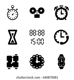 Timer icons set. set of 9 timer filled icons such as stopwatch, wall clock, wrist watch, digital time, hourglass