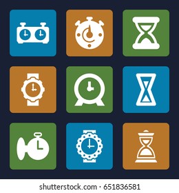Timer icons set. set of 9 timer filled icons such as clock, hourglass, wrist watch for woman