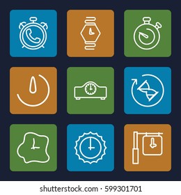 timer icons set. Set of 9 timer outline icons such as alarm, stopwatch, stopwatch camera, wall clock, wrist watch, sundial, hourglass