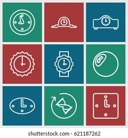 Timer icons set. set of 9 timer outline icons such as clock, wall clock, wrist watch for woman, sundial