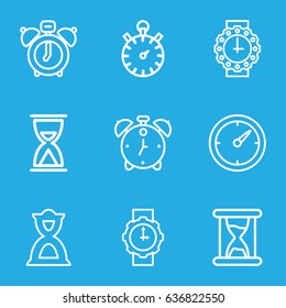 Timer icons set. set of 9 timer outline icons such as hourglass, clock, wrist watch for woman, alarm, stopwatch