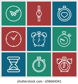Timer icons set. set of 9 timer outline icons such as stopwatch, wall clock, wrist watch, hourglass, alarm, clock alarm