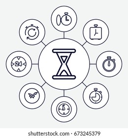 Timer icons set. set of 9 outline icons such as hourglass, wall clock, 24 hour, stopwatch