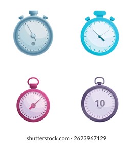 Timer icons set cartoon vector. Various type of stopwatch. Time measurement for sport