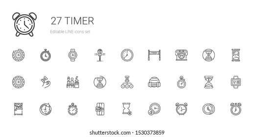 timer icons set. Collection of timer with alarm clock, wall clock, hourglass, sport, stopwatch, clock, wake up, stopclock, mixed, hours, finish. Editable and scalable timer icons.