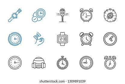 timer icons set. Collection of timer with clock, stopwatch, sport, wall clock, alarm clock, watch, hourglass, parking meter. Editable and scalable timer icons.
