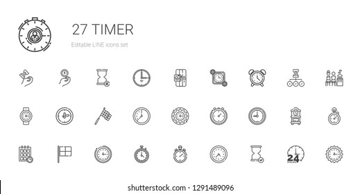 timer icons set. Collection of timer with hourglass, wall clock, stopwatch, racing, schedule, clock, stopclock, watch, alarm clock, time, sport. Editable and scalable timer icons.