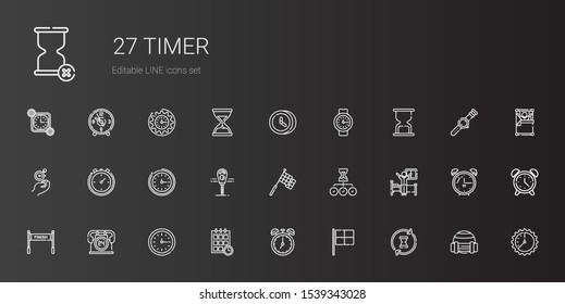 timer icons set. Collection of timer with hourglass, racing, clock, schedule, wall clock, hours, finish, wake up, parking meter, stopclock. Editable and scalable timer icons.