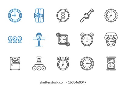 timer icons set. Collection of timer with hourglass, wall clock, clock, wake up, alarm clock, time, parking meter, watch, sport. Editable and scalable timer icons.