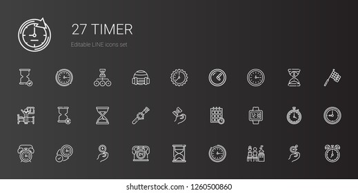 timer icons set. Collection of timer with mixed, wall clock, hourglass, hours, alarm clock, watch, schedule, wake up, clock, stopwatch, racing. Editable and scalable timer icons.