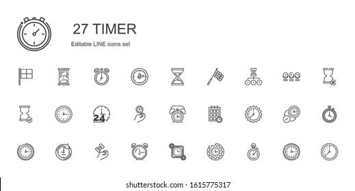timer icons set. Collection of timer with stopclock, clock, time, alarm clock, hourglass, wall clock, schedule, hours, racing, stopwatch. Editable and scalable timer icons.