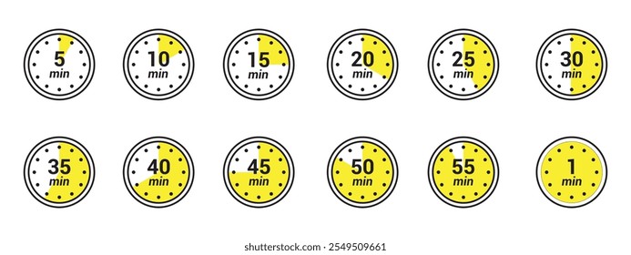 Conjunto de ícones de temporizador, Conjunto de ícones de símbolo de temporizador de contagem regressiva, doze indicadores de temporizador de 5 a 55 minutos ou 1 hora, Temporizador, relógio, cronômetro ícones de conjunto isolados. Ilustração vetorial.