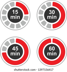 Timer icons set, four timer indicators from 15 to 60 minutes, vector illustration.