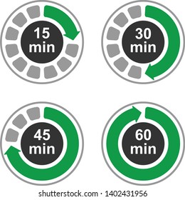 Timer icons set, four timer indicators from 15 to 60 minutes, vector illustration.