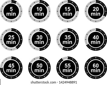 Timer icons set,  round indicators showing from 5 minutes to 60 minutes, vector illustration.