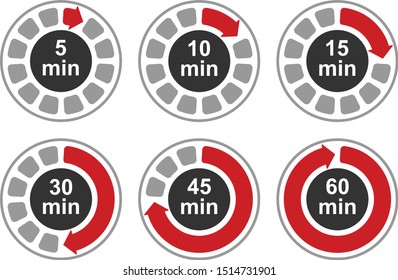 Timer Icons Set, Six Timer Indicators From 5 To 60 Minutes, Vector Illustration.