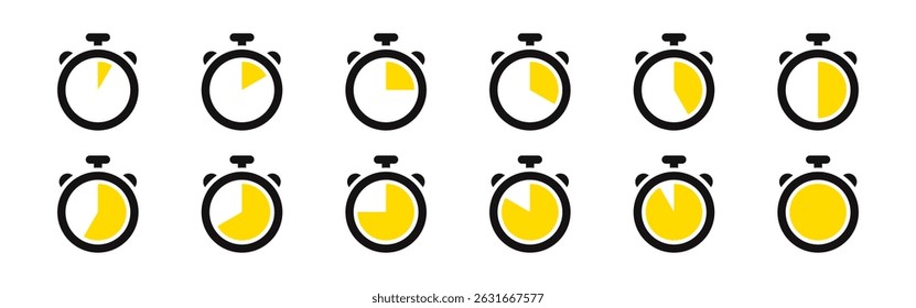 Timer icons set. Stopwatch, kitchen timer, countdown timer, cooking time symbols. Vector illustration.