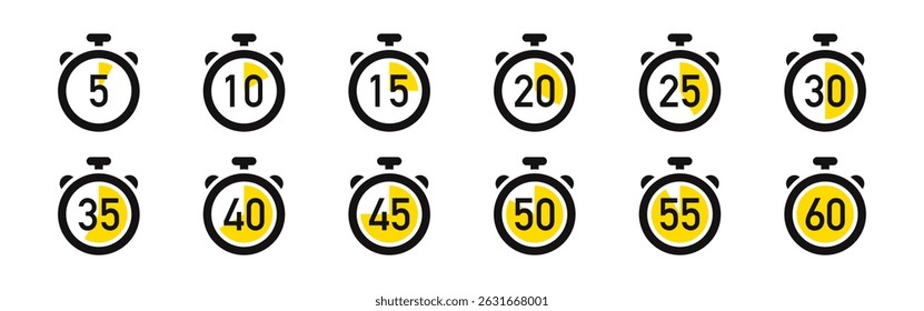 Timer icons set. Stopwatch, kitchen timer, countdown timer, cooking time symbols. Vector illustration.