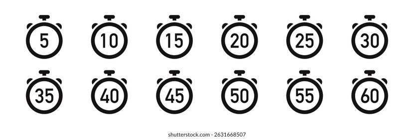 Timer icons set. Stopwatch, kitchen timer, countdown timer, cooking time symbols.