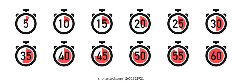 Timer icons set. Stopwatch, kitchen timer, countdown timer, cooking time symbols.