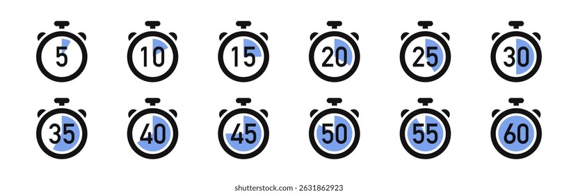 Timer icons set. Stopwatch, kitchen timer, countdown timer, cooking time symbols.