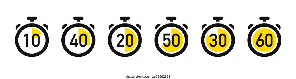 Timer icons set. Stopwatch, kitchen timer, countdown timer, cooking time symbols.