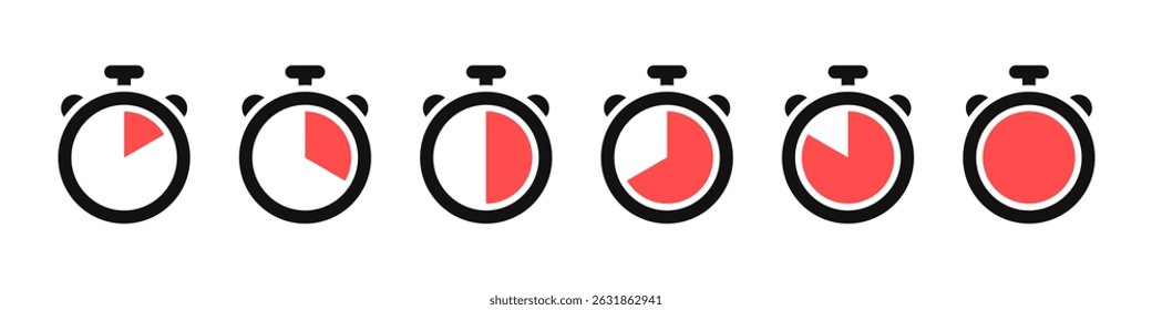 Timer icons set. Stopwatch, kitchen timer, countdown timer, cooking time symbols. Vector illustration.