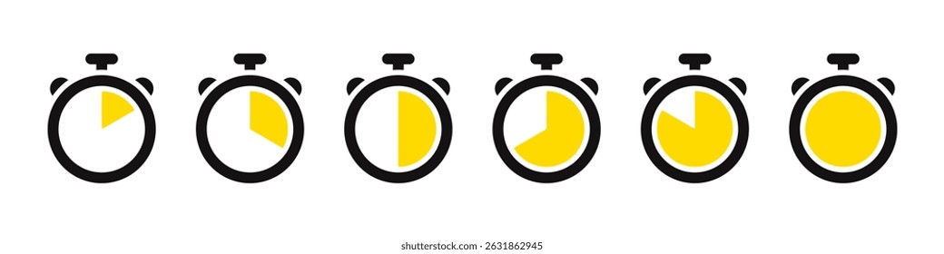 Timer icons set. Stopwatch, kitchen timer, countdown timer, cooking time symbols. Vector illustration.