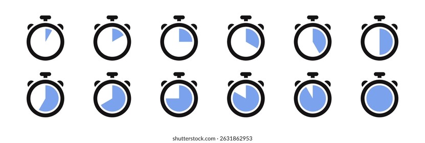 Timer icons set. Stopwatch, kitchen timer, countdown timer, cooking time symbols. Vector illustration.