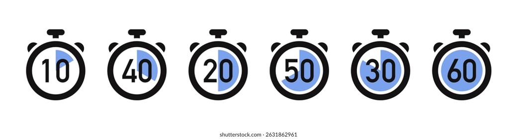 Timer icons set. Stopwatch, kitchen timer, countdown timer, cooking time symbols.