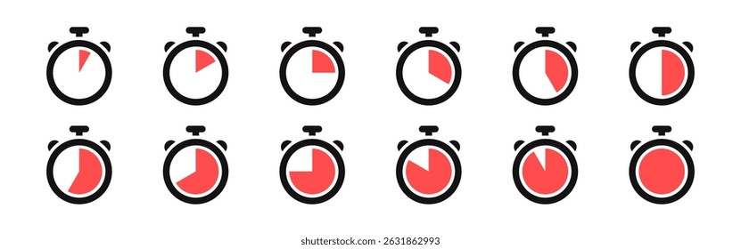 Timer icons set. Stopwatch, kitchen timer, countdown timer, cooking time symbols. Vector illustration.
