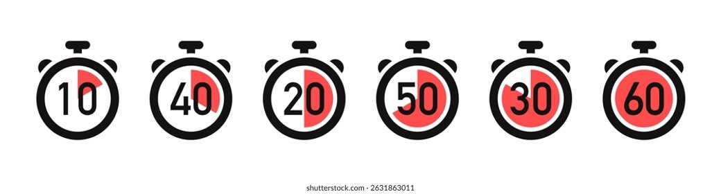 Timer icons set. Stopwatch, kitchen timer, countdown timer, cooking time symbols.