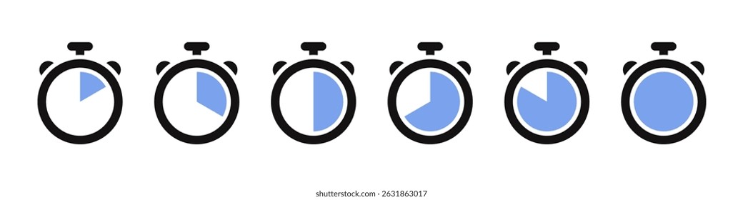 Timer icons set. Stopwatch, kitchen timer, countdown timer, cooking time symbols. Vector illustration.