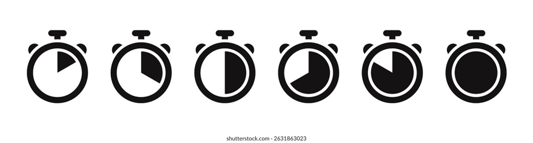 Timer icons set. Stopwatch, kitchen timer, countdown timer, cooking time symbols. Vector illustration.