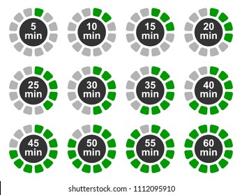 Timer icons set, twelve timer indicators showing from 5 minutes to 60 minutes, vector illustration.