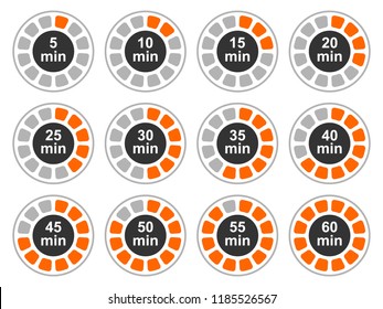 Timer icons set, twelve timer indicators showing from 5 minutes to 60 minutes, vector illustration.
