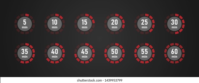 Timer icons set, twelve timer indicators from 5 minutes to 60 minutes, vector illustration.