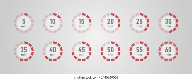 Timer icons set, twelve timer indicators from 5 minutes to 60 minutes, vector illustration.