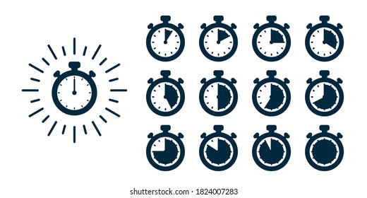 Timer icons set. Vector stopwatch illustration - clocks at different times. Fast delivery and express services concept