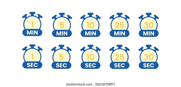 Ícones do temporizador mostrando contagens regressivas em minutos de 1 a 30, perfeito para lembretes