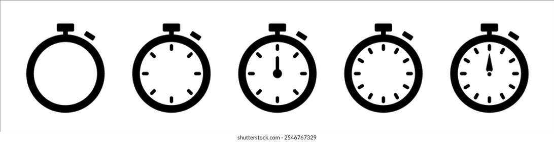 Timer icons. Time. Seconds. Stopwatch icons set. Timer symbols. Set icons sandglass. Timer clock flat icons. Time management.