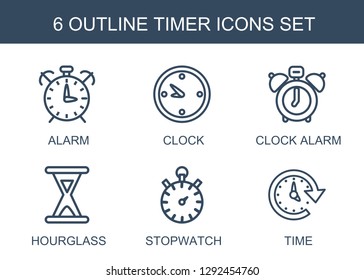 timer icons. Trendy 6 timer icons. Contain icons such as alarm, clock, clock alarm, hourglass, stopwatch, time. timer icon for web and mobile.