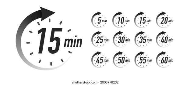 Timer icons vector set black color. Stopwatch isolated on white background. Time from 5 to 60 minutes. illustration 10 eps