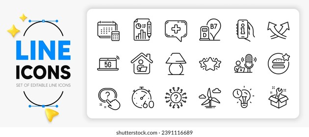 Timer, Info app and Diesel station line icons set for app include Report document, Spanner, Account outline thin icon. Question mark, Windmill turbine, Question button pictogram icon. Vector