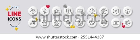 Timer, Info app and Diesel station line icons. White buttons 3d icons. Pack of Report document, Spanner, Account icon. Question mark, Windmill turbine, Question button pictogram. Vector