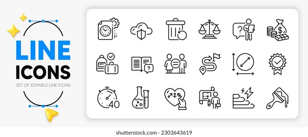 Timer, Instruction manual and Chemistry lab line icons set for app include Genders, Recovery trash, Brush outline thin icon. Money, Justice scales, Search employee pictogram icon. Vector