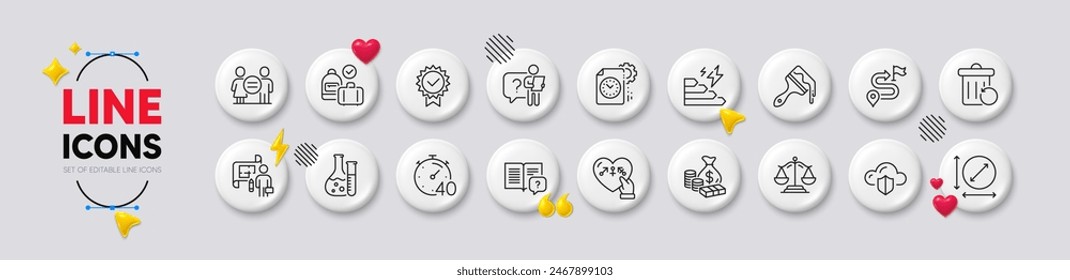 Timer, Instruction manual and Chemistry lab line icons. White buttons 3d icons. Pack of Genders, Recovery trash, Brush icon. Money, Justice scales, Search employee pictogram. Vector