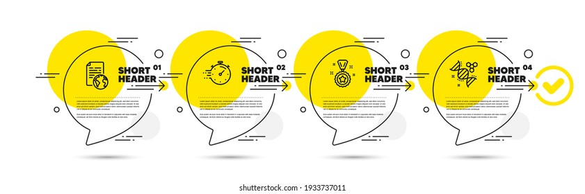 Timer, Internet document and Winner reward line icons set. Timeline infograph speech bubbles. Chemistry dna sign. Deadline management, Web page, Best award. Chemical formula. Education set. Vector